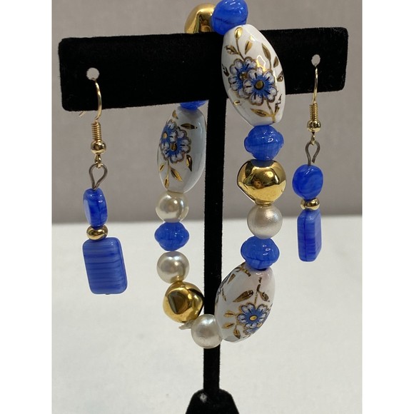 Stretch Bracelet And Earrings Set Deep Blue And White Floral Cloisonne Beads - Picture 2 of 10